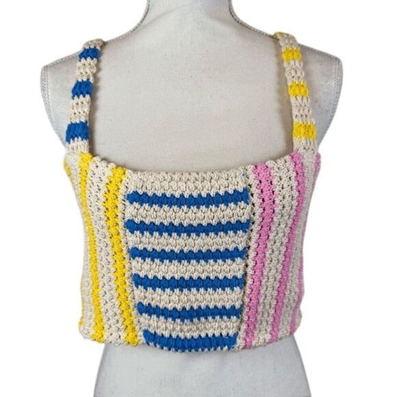 ZARA Crocheted Cotton Halter Crop Top Tank Pastel Blue Pink Yellow Size Medium - Picture 2 of 9